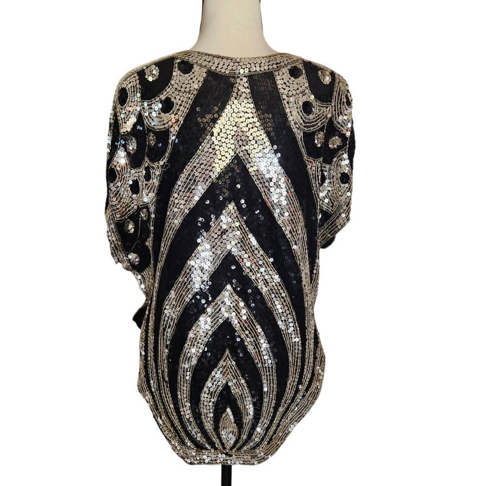 Vintage Sequin Black Silver Disco Art Deco Peacock V Neck Blouse Top Shirt - Picture 3 of 9